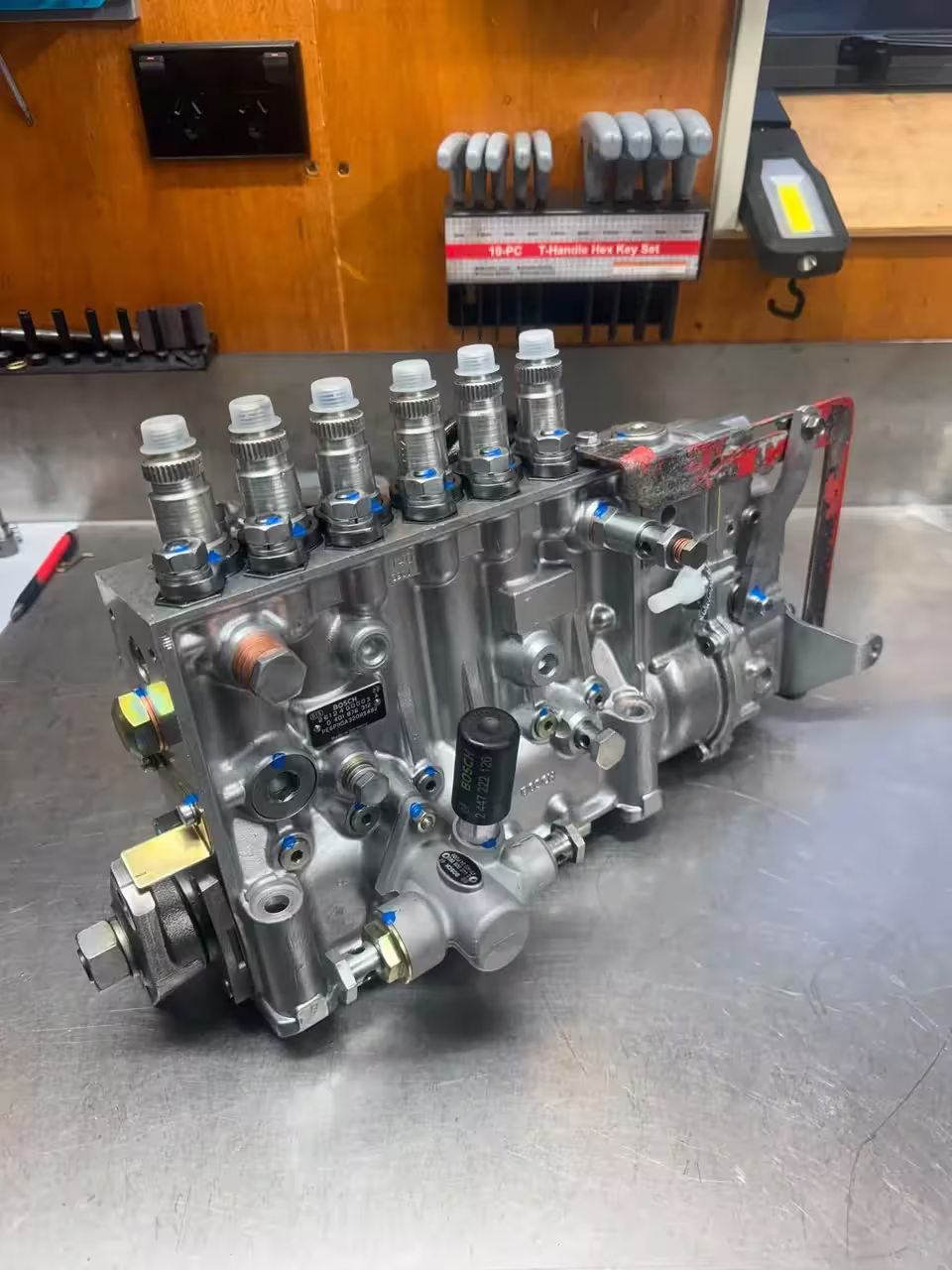 Diesel injection pump on the Yardleys workshop bench
